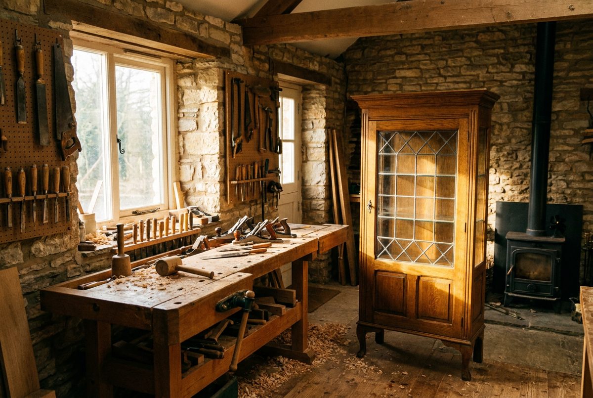 Zol's workbench: hand tools and a restored oak cabinet
