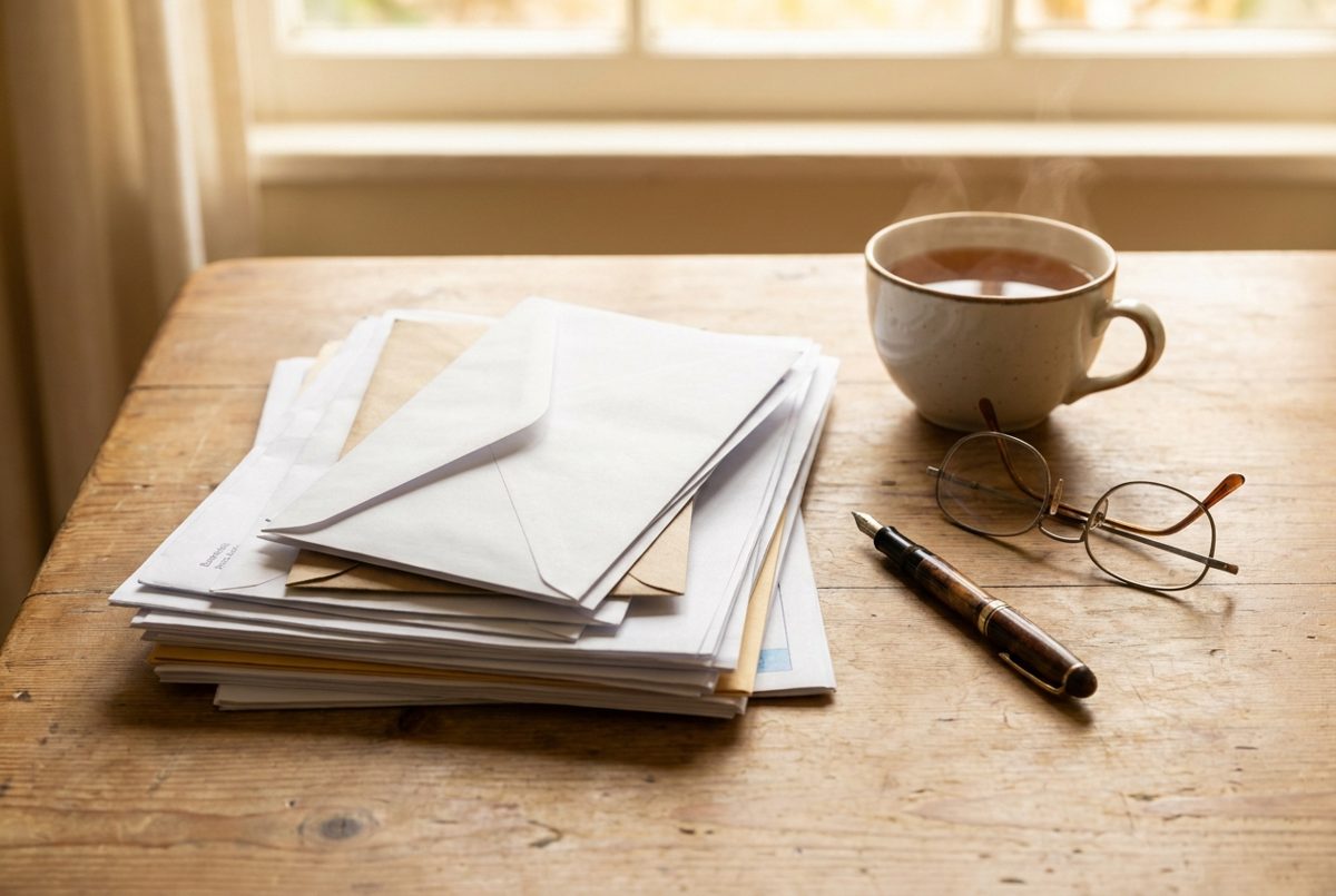 A tidy pile of paperwork with a pen, glasses and a cup of tea