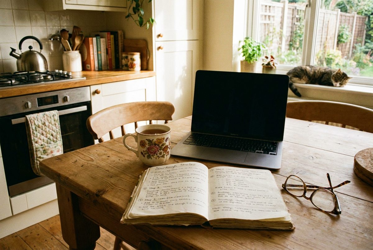 A laptop, tea and clear handwritten notes on a kitchen table
